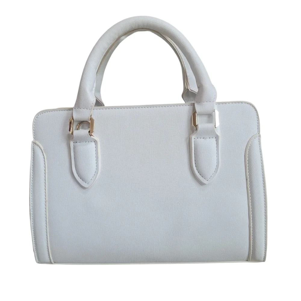 Chic White Faux Saffiano Leather Satchel with Gold Hardware & Tassle